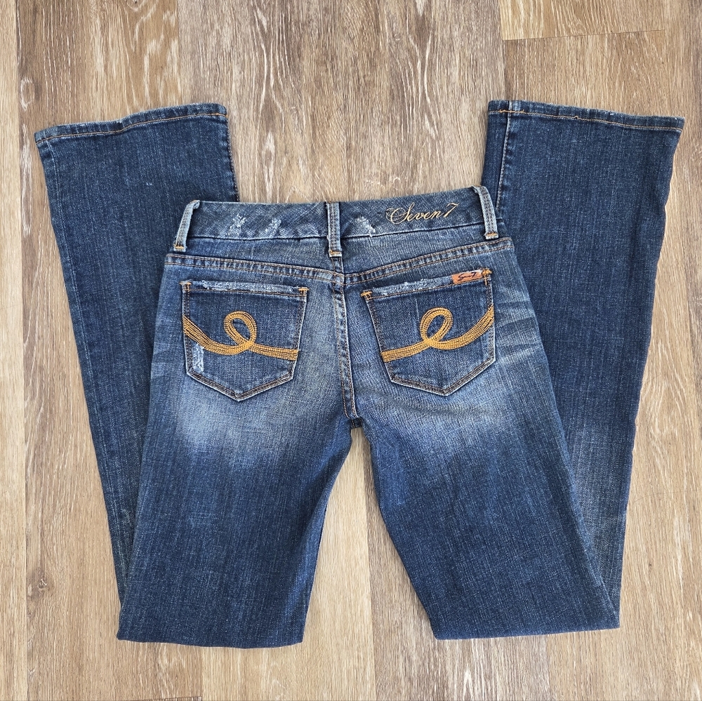 7 For All Mankind Women's Boot Cut Jeans - Dark Blue with Tan Stitching